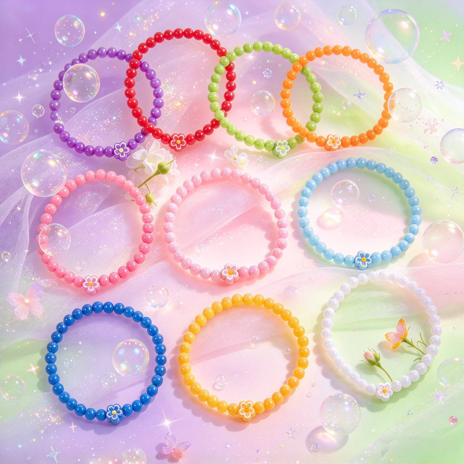 20pc Sweet Dopamine Colored Flower Bead Bracelet Set